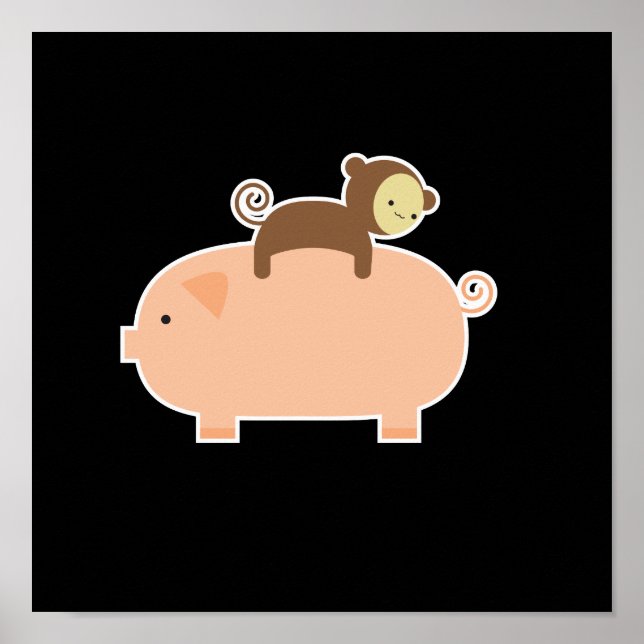 11" x 11" Baby Monkey Riding on a Pig Poster (Front)