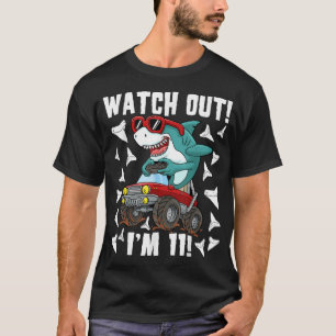 11 Years Old 11th Birthday Shark Boy Monster Truck T-Shirt