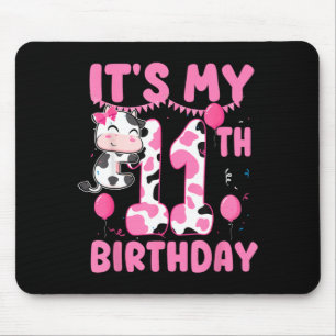 11 Years Old Birthday Girl 11th Birthday Cow Theme Mouse Pad