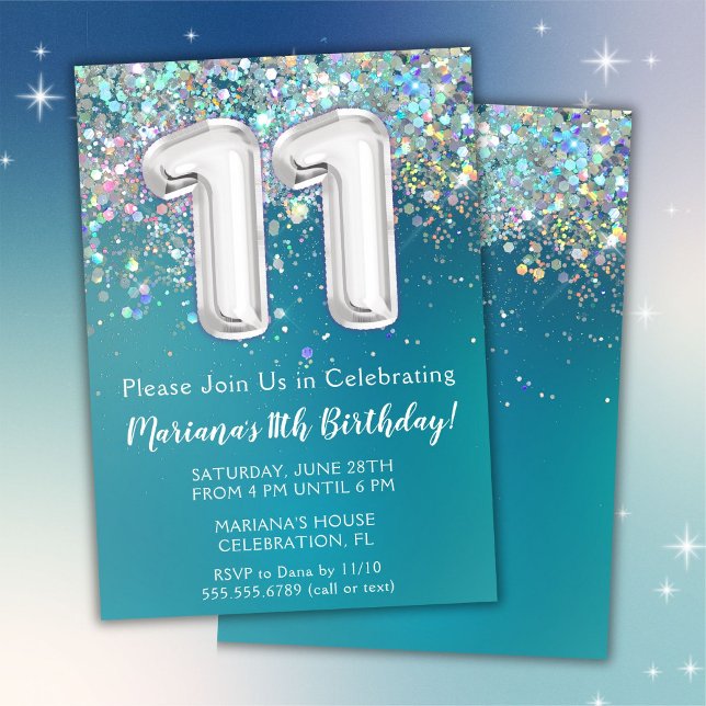 11rd Birthday Invitation Teal Silver Glitter (Creator Uploaded)