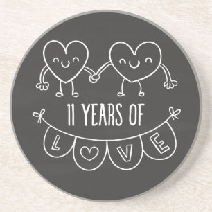 11th Anniversary Gift Chalk Hearts Coaster