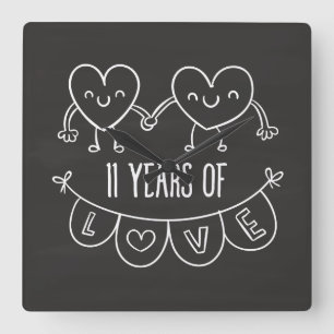 11th Anniversary Gift Chalk Hearts Square Wall Clock