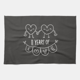 11th Anniversary Gift Chalk Hearts Tea Towel