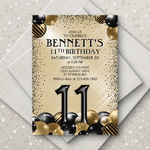 11th Balloons Black Gold Birthday Invitation