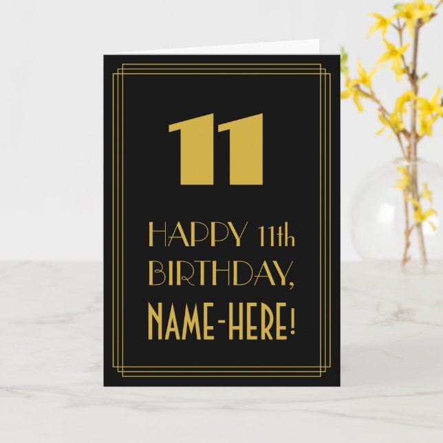 11th Birthday – Art Deco Inspired Look "11" & Name Card (Yellow Flower)