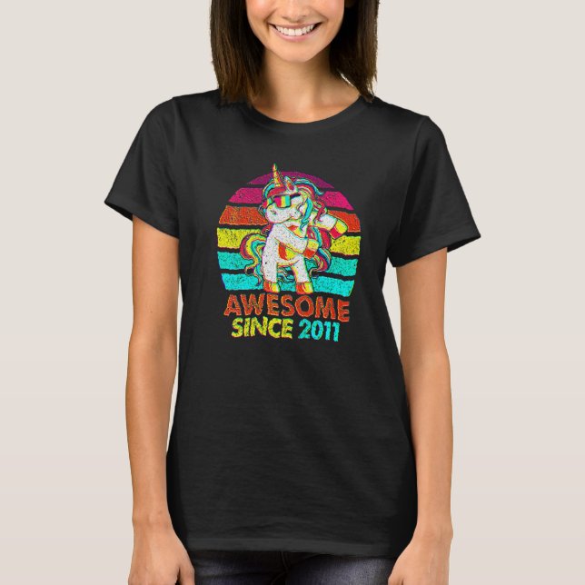 11th Birthday  Awesome Since 2011 Unicorn Flossing T-Shirt (Front)