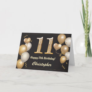 11th Birthday Black and Gold Balloons Birthday Card