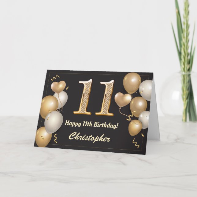 11th Birthday Black and Gold Balloons Birthday Card (Front)