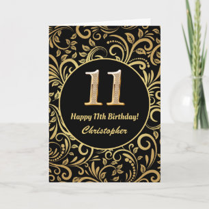 11th Birthday Black and Gold Floral Pattern Card