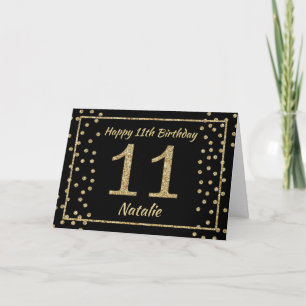 11th Birthday Black and Gold Glitter Confetti Card
