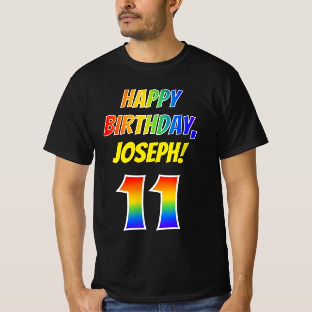 11th Birthday — Bold, Fun, Rainbow 11, Custom Name T-Shirt (Front)