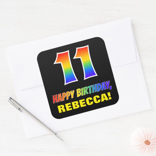 11th Birthday: Bold, Fun, Simple, Rainbow 11 Square Sticker (Envelope)