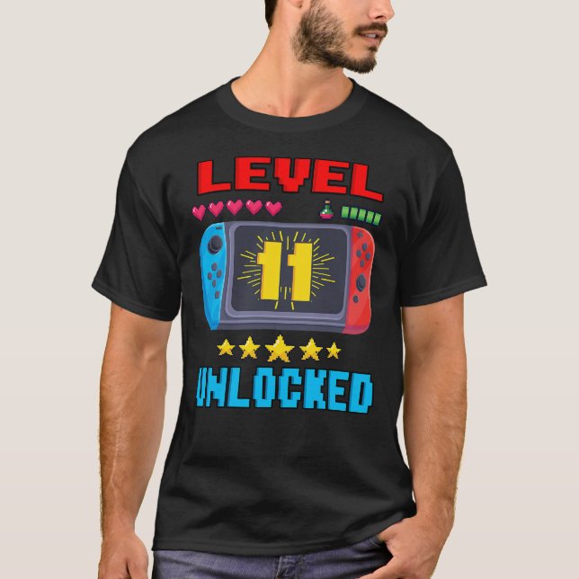 11th Birthday Boy Level 11 Unlocked Video Gamer Bi T-Shirt (Front)