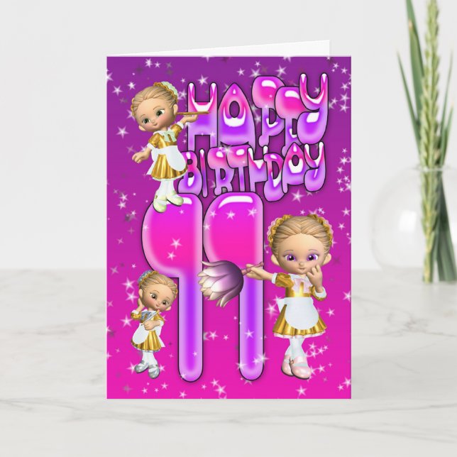 11th Birthday Card cute little glitter maids (Front)