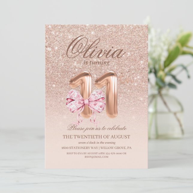 11th Birthday Chic Rose Pink Gold  Bow Birthday Invitation (Standing Front)