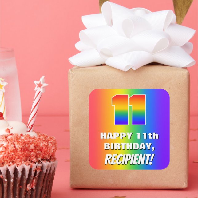 11th Birthday: Colourful, Fun Rainbow Pattern # 11 Square Sticker (Party)