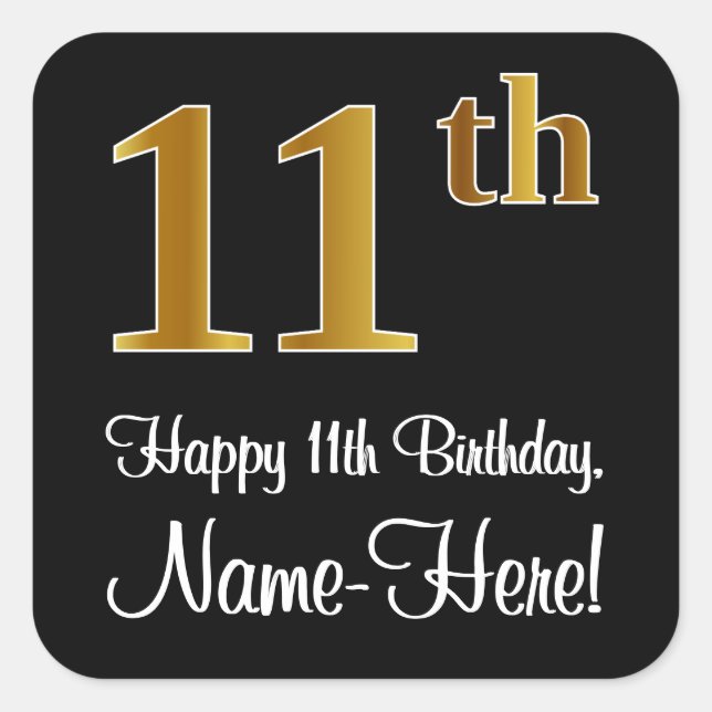 11th Birthday – Elegant Luxurious Faux Gold Look # Square Sticker (Front)
