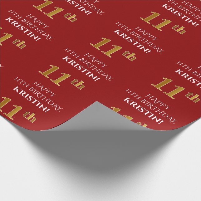 11th Birthday: Elegant, Red, Faux Gold Look Wrapping Paper (Corner)