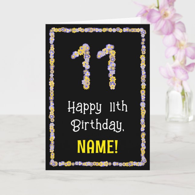 11th Birthday: Floral Flowers Number, Custom Name Card (Orchid)