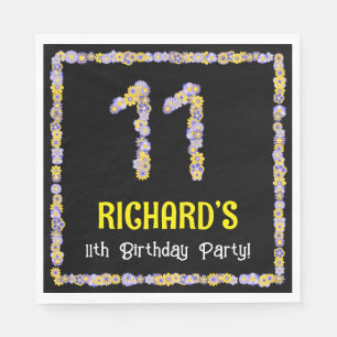 11th Birthday: Floral Flowers Number, Custom Name Napkin
