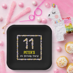 11th Birthday: Floral Flowers Number, Custom Name Paper Plate