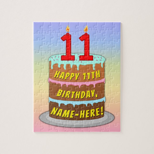 11th Birthday: Fun Cake and Candles + Custom Name Jigsaw Puzzle (Vertical)