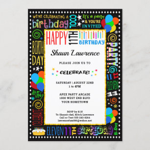 11th Birthday Fun Colour Crazy Text on Black Party Invitation