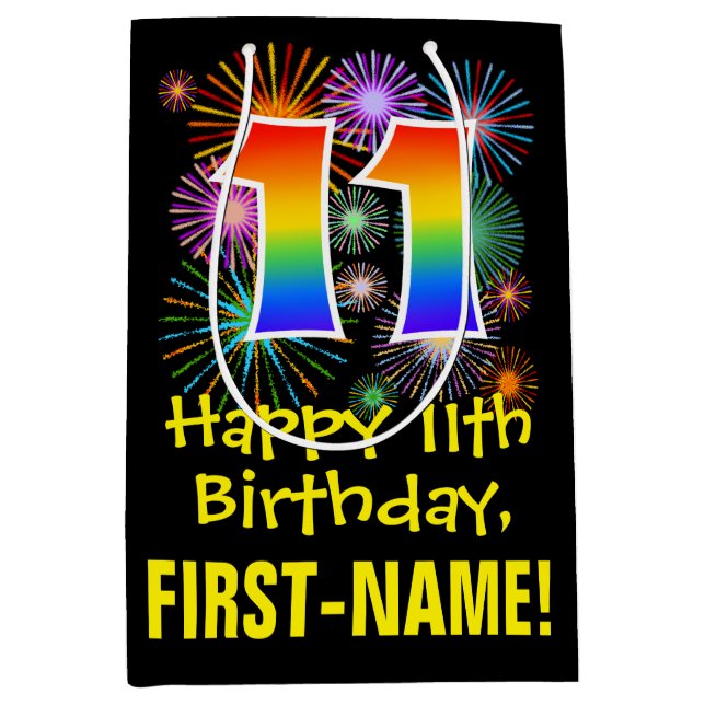 11th Birthday: Fun Fireworks Pattern + Rainbow 11 Medium Gift Bag (Front)