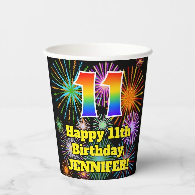 11th Birthday: Fun Fireworks Pattern + Rainbow 11 Paper Cups (Back)