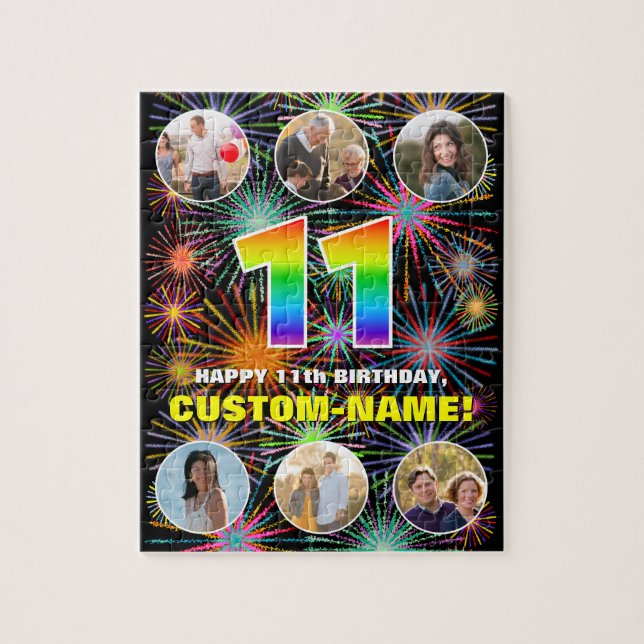 11th Birthday: Fun Rainbow #, Custom Name + Photos Jigsaw Puzzle (Vertical)