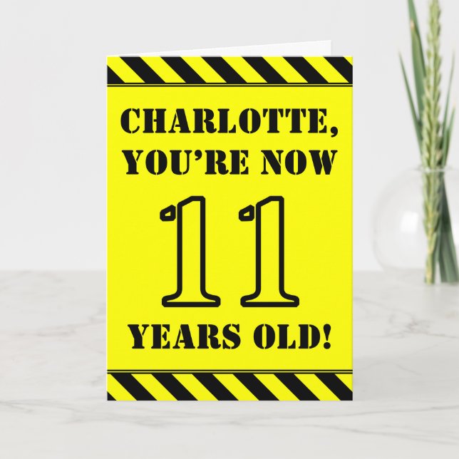 11th Birthday: Fun Stencil Style Text, Custom Name Card (Front)