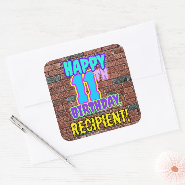 11th Birthday – Fun, Urban Graffiti Inspired Look Square Sticker (Envelope)
