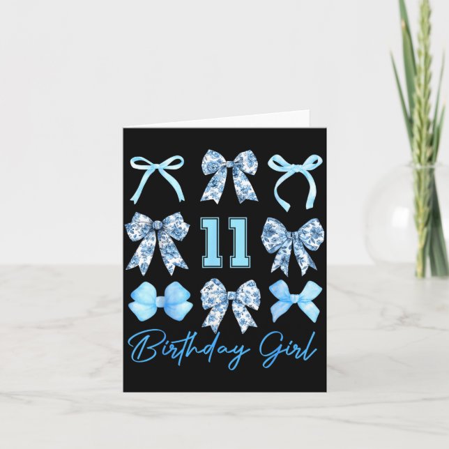 11th Birthday Girl Blue Toile Coquette Bow 11 Year Card (Front)