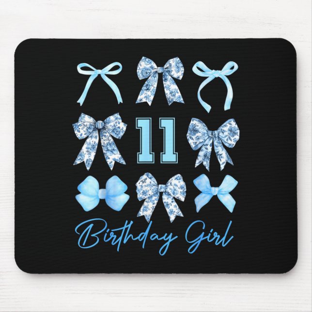 11th Birthday Girl Blue Toile Coquette Bow 11 Year Mouse Pad (Front)