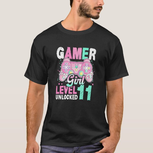 11th Birthday Girl Gamer Gaming Level 11 Unlocked  T-Shirt (Front)