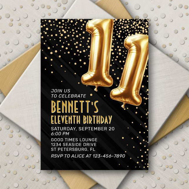11th Birthday Gold Black Invitation (Creator Uploaded)