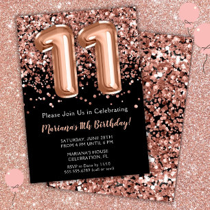 11th Birthday Invitation Black Rose Gold Glitter