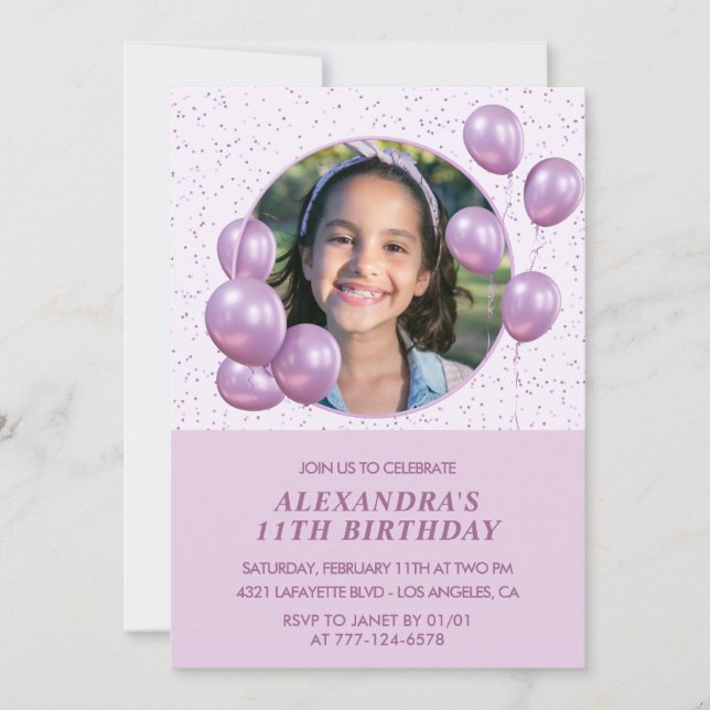 11th birthday invitations Balloons Photo Purple (Front)