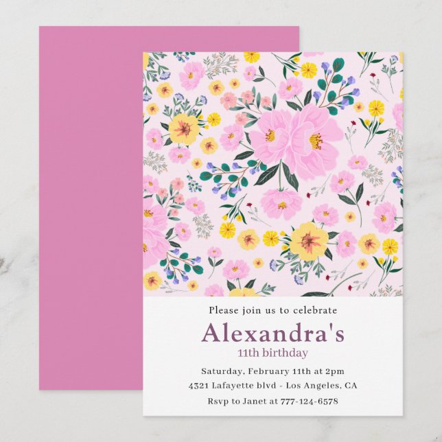 11th birthday invitations Boho Floral Pink (Front/Back)