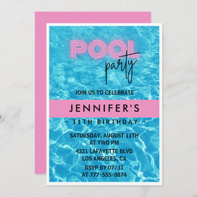11th birthday invitations Pool Party Summer (Front/Back)