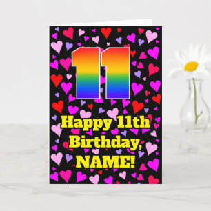 11th Birthday: Loving Hearts Pattern, Rainbow # 11 Card