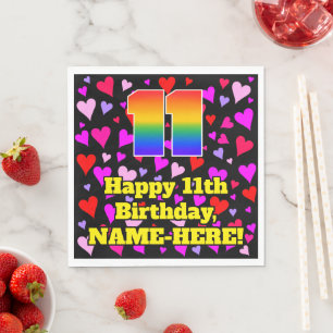 11th Birthday: Loving Hearts Pattern, Rainbow # 11 Napkin