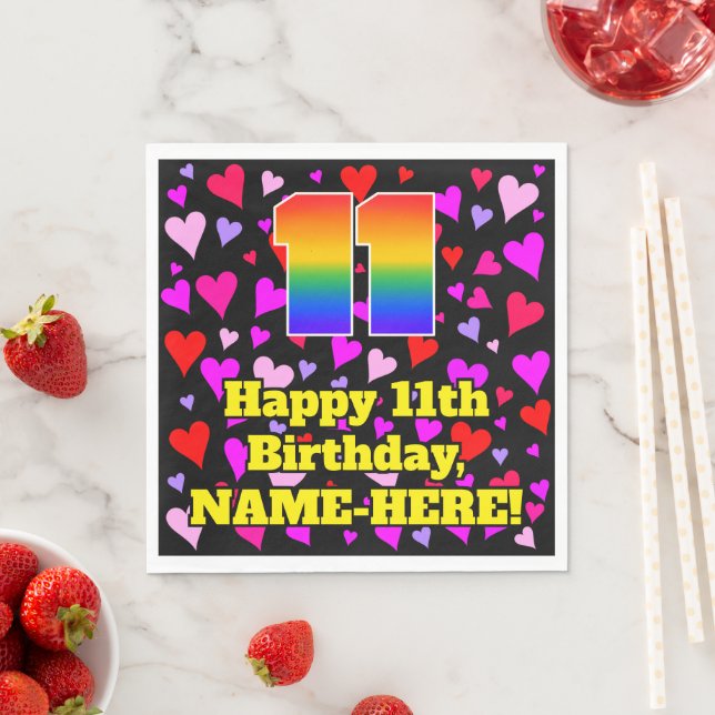 11th Birthday: Loving Hearts Pattern, Rainbow # 11 Napkin (Insitu)