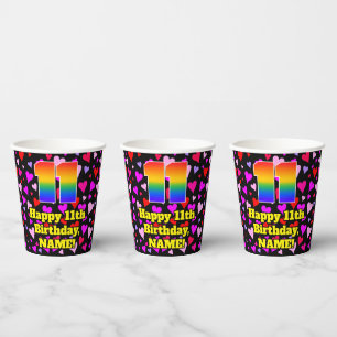 11th Birthday: Loving Hearts Pattern, Rainbow 11 Paper Cups
