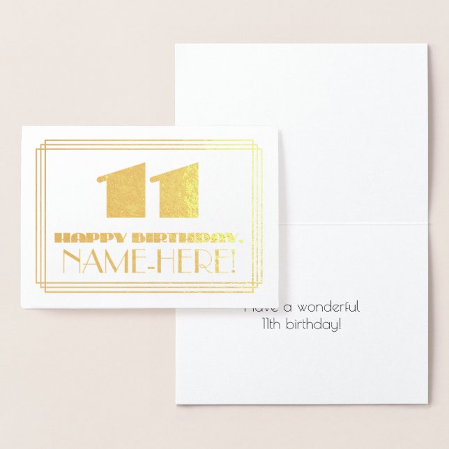 11th Birthday; Name + Art Deco Inspired Look "11" Foil Card (Display)