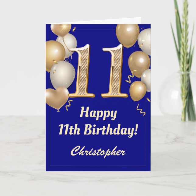 11th Birthday Navy Blue and Gold Balloons Confetti Card (Front)