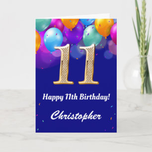 11th Birthday Navy Blue and Gold Colourful Balloon Card