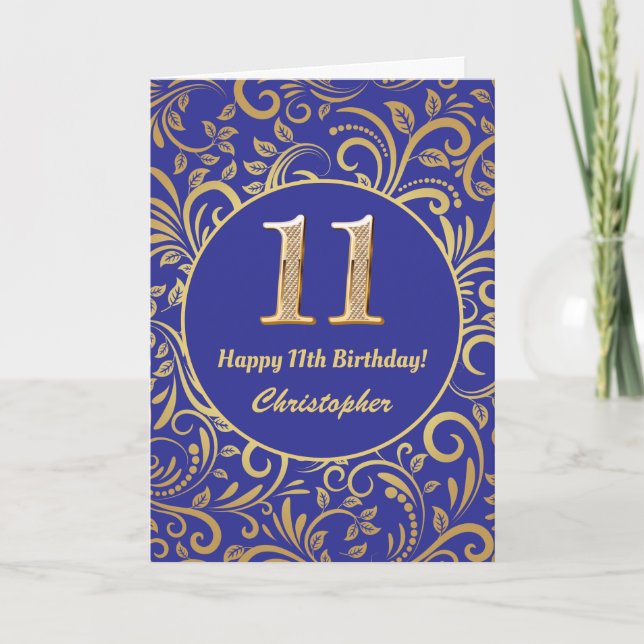 11th Birthday Navy Blue and Gold Floral Pattern Card (Front)