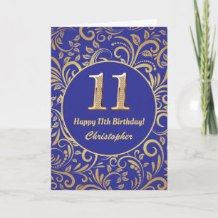 11th Birthday Navy Blue and Gold Floral Pattern Card