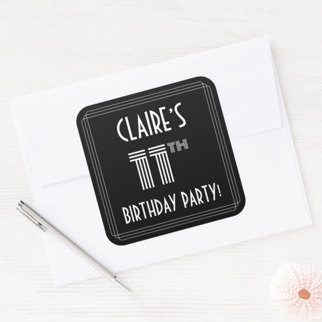 11th Birthday Party: Art Deco Style & Custom Name Square Sticker (Envelope)
